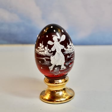 RARE Fenton Art Glass Ruby Red Egg Hand Painted In The Ukraine Mary Gregory Style Ice Skater Snow & Trees Signed Numbered Original Box 