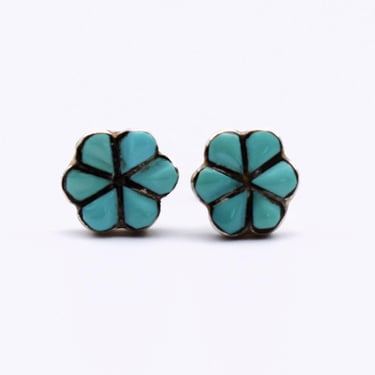 70's sterling turquoise flower studs, dainty Southwestern 925 silver blue stone daisy earrings 