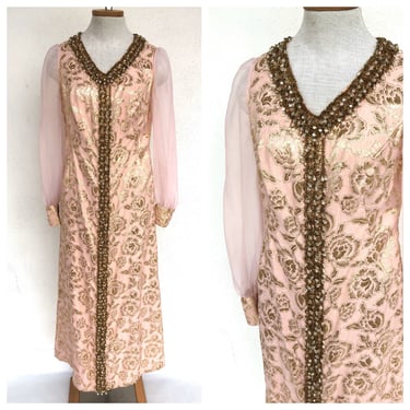 Vintage VTG 1960s 60s Light Pink Gold Brocade Beaded Maxi Gown 