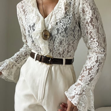 vintage deadstock lace ruffled romantic button down blouse 