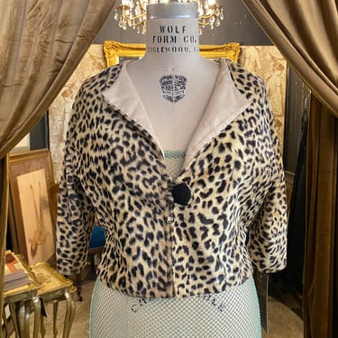 1950s leopard print jacket, faux fur, cropped vintage jacket, animal print, mrs maisel, bombshell, rockabilly style, pin up, medium, 30 