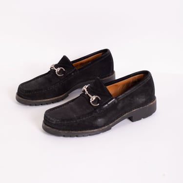 Vintage GUCCI Lug Sole Black Suede Horsebit Loafers with Silver Hardware 1953 size 9.5 mens 6 GG Princetown Leather 