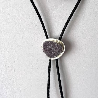 Lavender Druzy Bolo Necklace Tie in Sterling Silver on  Black Leather Cord Drusy Natural Purple 