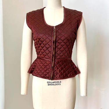 Vintage 1940s Vest / 40s Quilted Satin Vest / Burgundy ( XS ) 