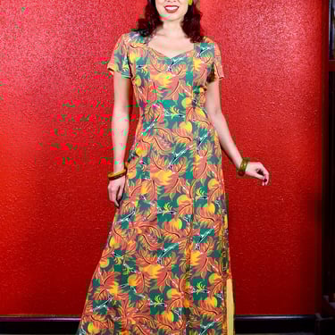 1940s Rayon Hawaiian Hoaloha Jackfruit Print Dress 