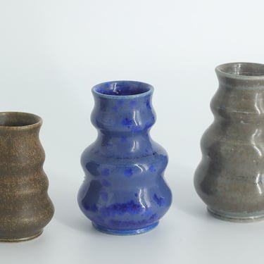 Small Mid-Century Scandinavian Modern Collectible Brown & Blue Wavy Glazed Stoneware Vases by G. Borg for Höganäs Ceramics, 1960s, Set of 3 