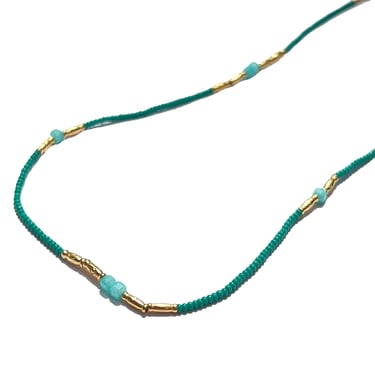 Debbie Fisher | Jade Glass Seed, Gold Vermeil and Amazonite Beads with Gold Fil Clasp Necklace