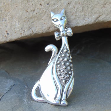 D'Molina ~ Mexican Sterling Silver Sophisticated Cat with Bow Tie Brooch / Pin 