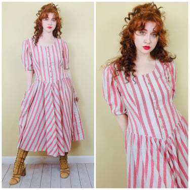 1980s Vintage Act 1 Red and Cream Stripe Dress / 80s Puffed Sleeve Drop Waist Western Dress / Size Large 