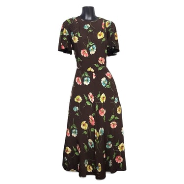 1960s Vintage Elinor Gay Floral Day Dress, Chocolate Brown Feminine Long Maxi, Flutter Sleeve, Viva Las Vegas Rockabilly Pinup Girl 
