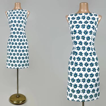 VINTAGE 60s Teal and Highlighter Yellow Daisy Print Shift Dress | 1960s Flower Power Print Dress | Handmade Vintage | vfg 