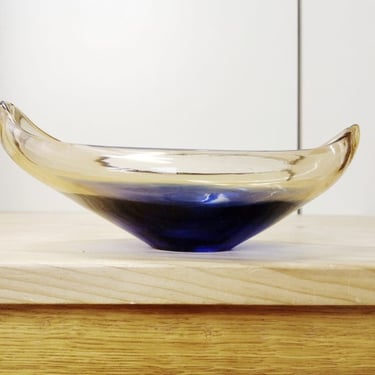 Vintage Glass Bowl from Samobor | Samoborsko Staklo | Mid-century | Blue and Beige | Croatia | 70s | 