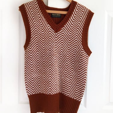Vintage Mens Wool Knit Sweater Vest, 1960's, 1970s, Pullover, V neck, Mod, Brown, Hippie, Boho, Sleeveless, Shirt, Top 