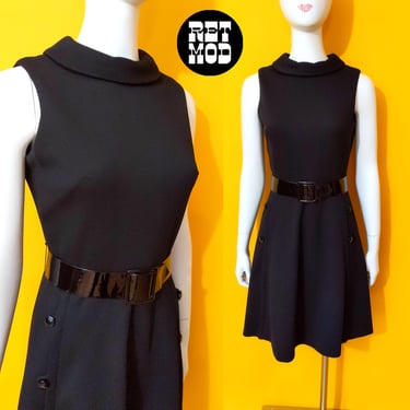 Iconic Vintage 60s Black Sleeveless Fit & Flare Ribbed Dress with Buttons 