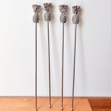 Silverplate Pinneapple Cocktail Stir Sticks. Reusable Metal Vintage Stir Stick. Vintage Bar Accessories. 