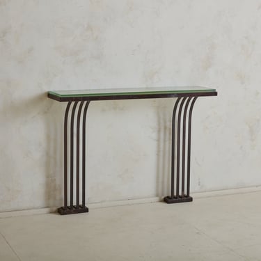 Black Iron Wall Console Table with Saint Gobain Glass Top, France 1930s