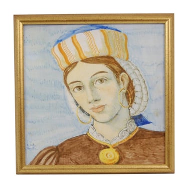 Handpainted Faience Pottery Tile Portrait Plaque of Young Woman signed Aquila 