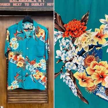 Vintage 1950’s Floral Tiki Matching Pocket Rayon Hawaiian Shirt, 50’s Loop Collar Shirt, Vintage Clothing 