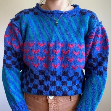 Vintage 80s Womens Hand Knit Handmade Wool Blue Colorful Geometric Sweater Sz M 