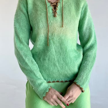 Green Knit Sweater with Brown Trim