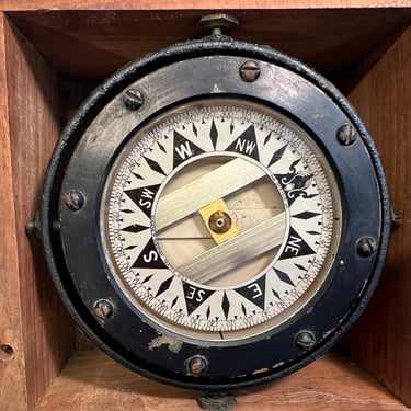 Vintage E M Sherman Dirigo Nautical Ship Compass, Gimball Mount, Orig Wood Box, Working 