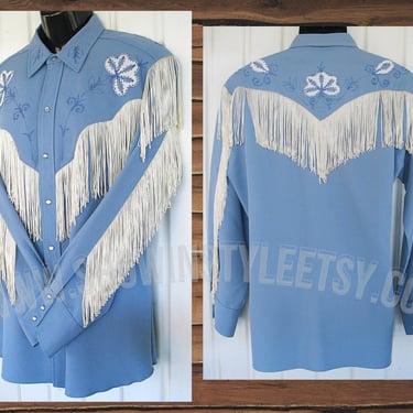 H Bar C, California Ranchwear, Vintage Western Men's Cowboy &amp; Rodeo Shirt, Light Blue Taos, Embroidered, Tag Size 16.5 (see meas. photo) 