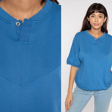 Blue Short Sleeve Sweatshirt 80s Plain Henley Shirt Slouchy Textured Chevron Button Up Sweatshirt Pocket 1980s Top Vintage Normcore Medium M 