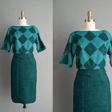 vintage 1950s dress | Harlequin Wool Cozy Pencil Skirt Dress | XS 