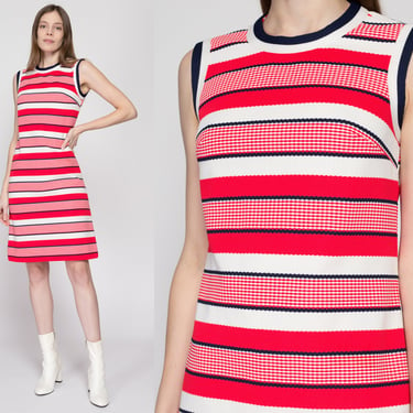 Small 60s Red White & Blue Striped Shift Dress | Vintage Andrea Gayle Mod Sleeveless Knee Length Mini Ringer Dress 