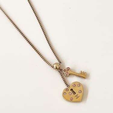 Vintage CHANEL Gold CC Logo Heart Key Charm Pendant Necklace Jewelry *Authentic 