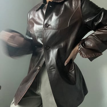 vintage handmade genuine leather single  breasted minimal 90s does 70s belted whip stitched blazer jacket 