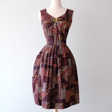 Fabulous 1960's Batik Style Fall Cotton Dress / Sz M