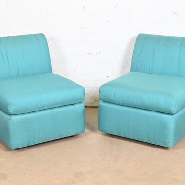 Baker Furniture Modern Silk Upholstered Slipper Chairs or Lounge Chairs, Pair