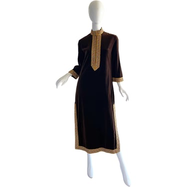 60s Rhinestone Beaded Caftan Dress / Vintage Mod Party Maxi Dress / 1960s Velvet Kaftan Medium 