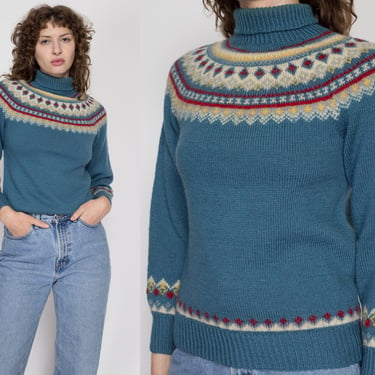 Small 70s Blue Fair Isle Turtleneck Sweater | Vintage Nordic Wool Knit Winter Ski Pullover Jumper 