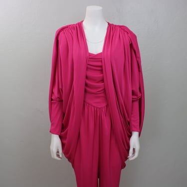 Pink Jumpsuit with Cocoon Coat / Vintage Draped Jumpsuit with Pants / Matching set Women's Medium 