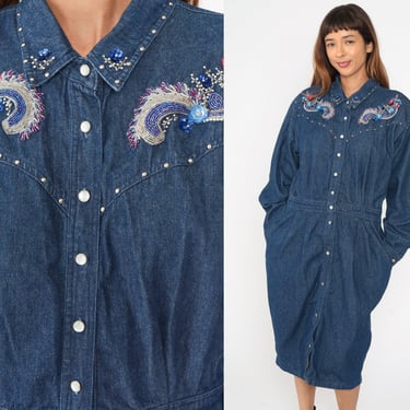 90s Denim Western Dress Blue Beaded Sequin Jean Shirtdress Button Up Pearl Snap 1990s Midi Vintage Retro Long Sleeve Pocket Extra Large xl 