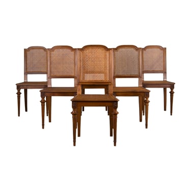 Antique French Louis XVI Style Walnut and Cane Dining Chairs - Set of 6 