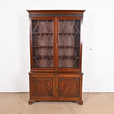 Antique Georgian Carved Flame Mahogany Breakfront Bookcase Cabinet, Circa 1900