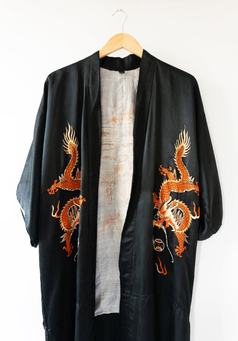 Vintage Dragon Print Kimono Outerwear