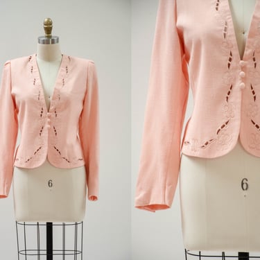 peach embroidered jacket | 70s 80s vintage Sassoon cutwork lace floral embroidery pastel linen style blazer 