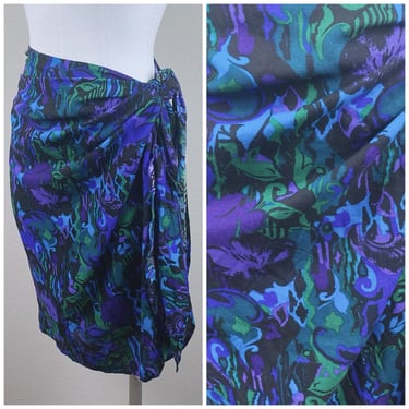 1990s Vintage Pacific Connections Blue Sarong / Rayon Printed Beach Coverup / One Size 