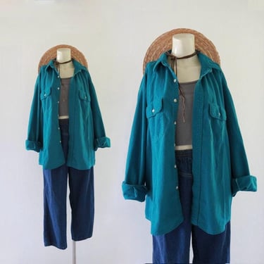 teal cotton flannel shirt-jacket - vintage 90s shacket shackets green soft unisex casual loose fit 