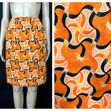 Vintage 1970's Wild Orange and Black Abstract Geometric African Wax Print High Waist Pencil Skirt - size Extra Small XS 