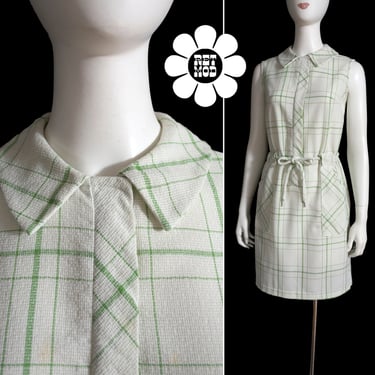 Sharp Vintage 60s White & Green Plaid Textured Fabric Sleeveless Mod Dress with Collar and Pockets 