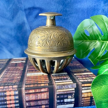 Vintage Brass Bell, Engraved Intricate Design, Home Decor, Paperweight, Book Shelf Decor, Desk Top 