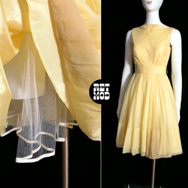 Insanely Gorgeous Vintage 50s 60s Pastel Yellow Chiffon Fit & Flare Party Dress with Built-In Crinoline 