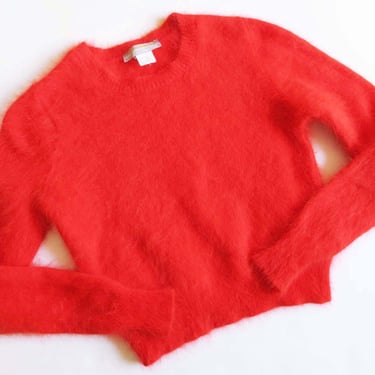 Vintage 90s Red Fuzzy Crewneck Sweater Petite XS - Made in Italy Wool Viscose Solid Color Bold Red Pullover Jumper Angora 