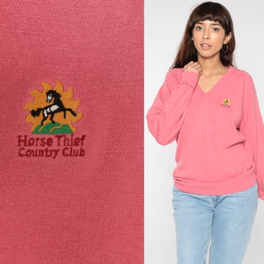 Pink Sweater 90s Horse Thief Country Club V Neck Sweater Slouchy Y2K Stallion Springs California Knit Sweater Vintage Normcore Medium Large 