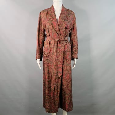 ETRO Size S Brown Burgundy Silk Paisley Shawl Collar Belted Robe Coat